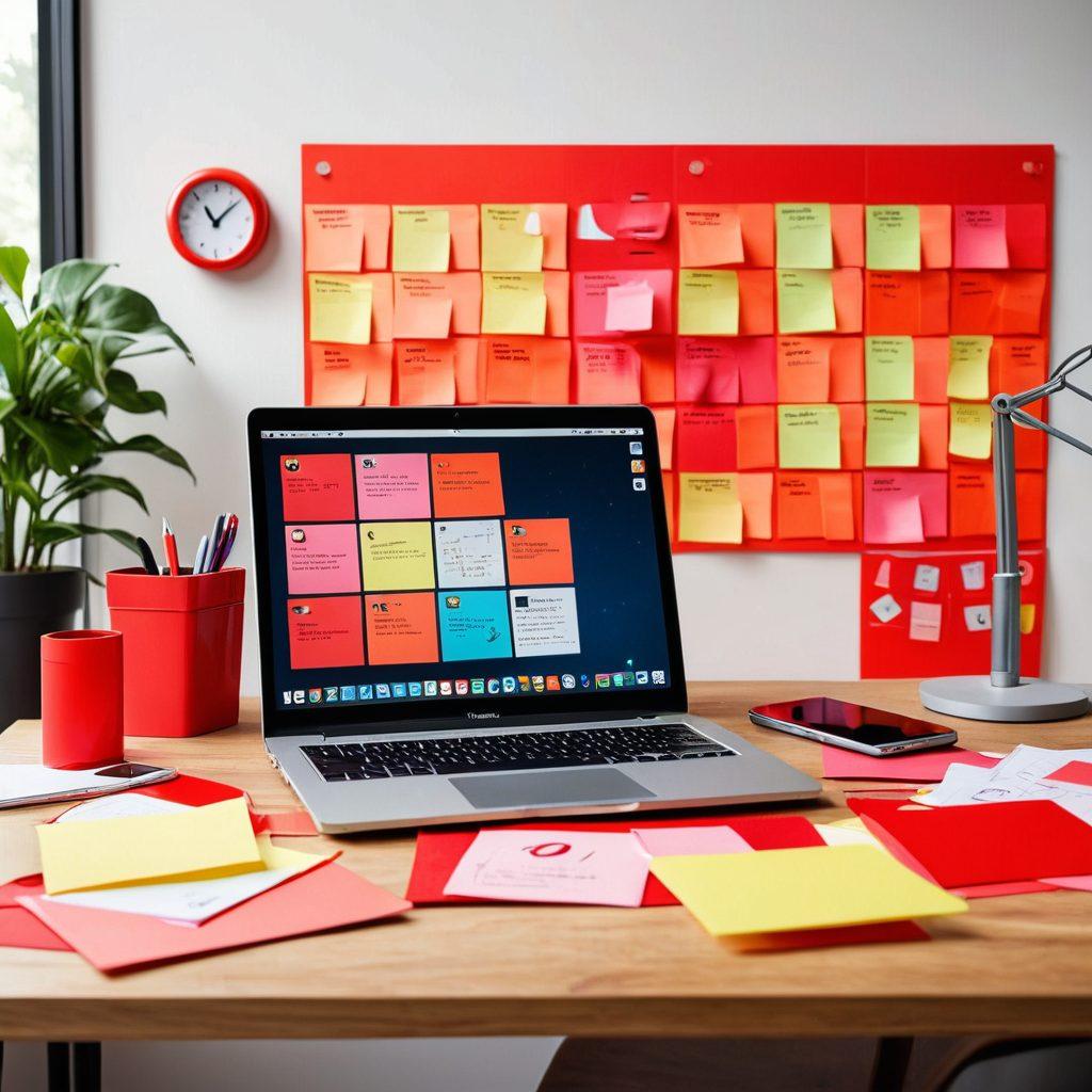 A sleek workspace featuring various digital productivity tools like a laptop, smartphone, and colorful sticky notes. Highlight a vivid red color scheme to represent 'Red Solutions', with icons of task management and collaboration apps around. Display a clock to symbolize efficiency, and a bright light bulb to indicate innovative ideas. Create a sense of productivity and organization. modern design. vibrant colors. clean background.