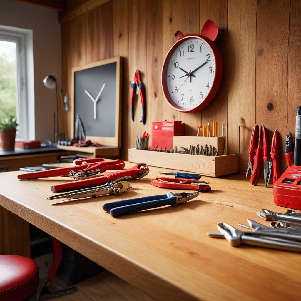 A vibrant workspace filled with various high-quality red tools such as wrenches, screwdrivers, and pliers positioned neatly on a wooden workbench. A bright light source emphasizes these tools, showcasing their ergonomic designs and features. Include a blurred background of an office setting to suggest productivity and workflow enhancement, along with a clock symbolizing time efficiency. super-realistic. vibrant colors.