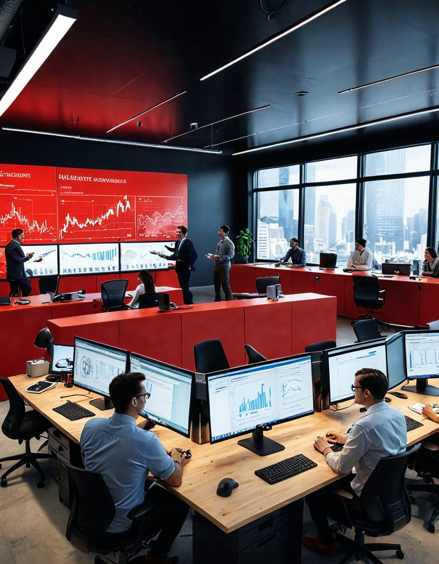 A dynamic workspace featuring a diverse team of professionals collaborating on project management tools. Highlight red tools and gadgets, like digital boards and task trackers, with vibrant visuals of charts and graphs in the background. Creative vibes with a focus on teamwork and innovation. Bright colors to evoke energy and enthusiasm. super-realistic. vibrant colors. 3D.